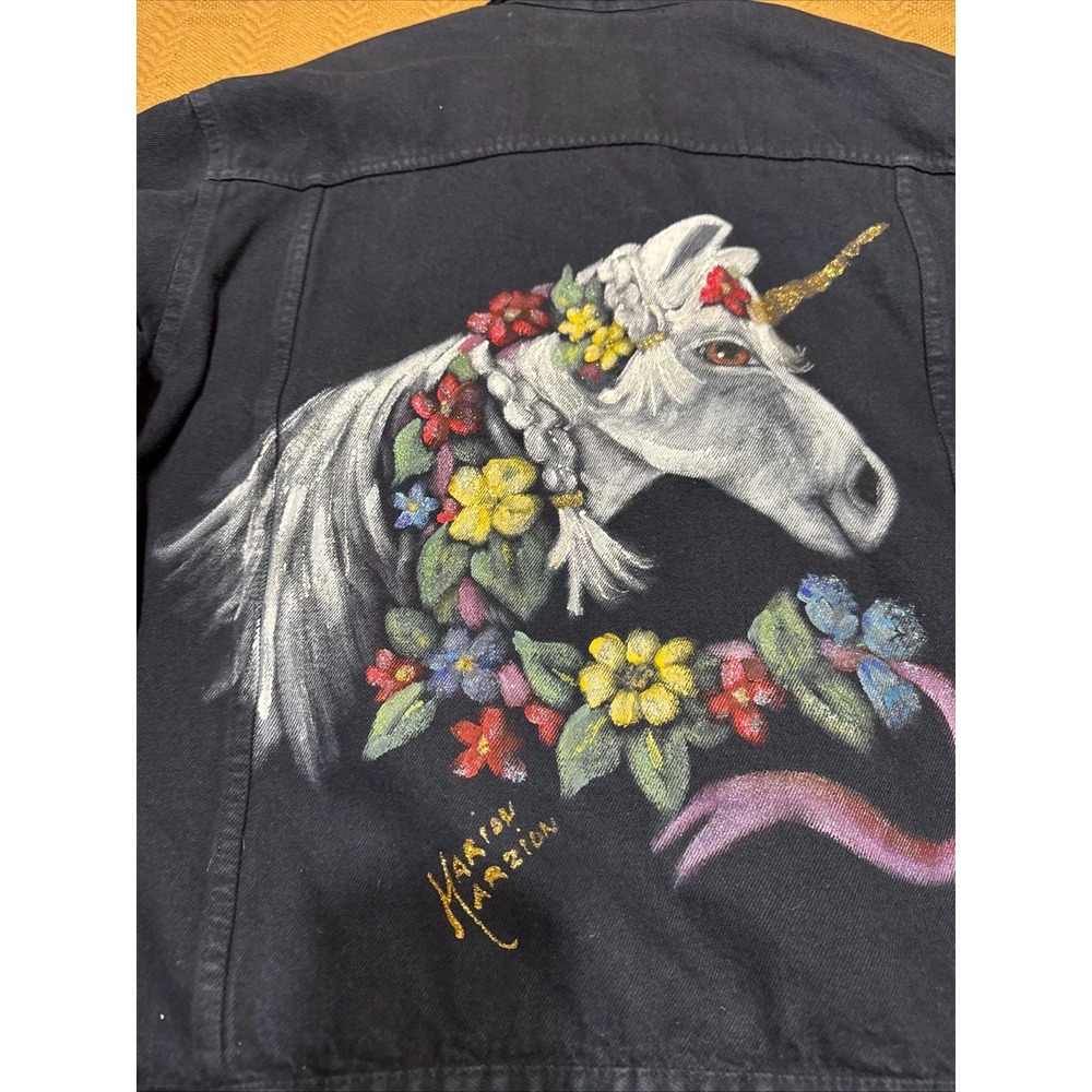 VTG 80s Hand Painted Unicorn Flower Jean Denim Jacket Coat Festival Boho Blue M